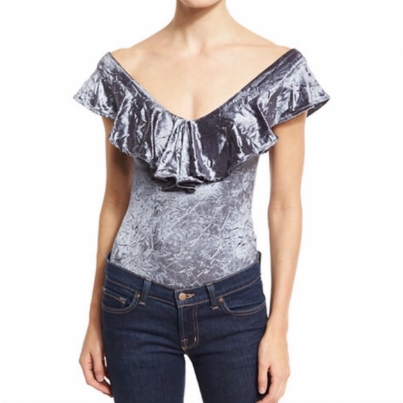 LBB Crushed Velvet Steel Silver‎ Grey 1pc Ruffled Thong Bodysuit Top Sz M NWT - Picture 3 of 12